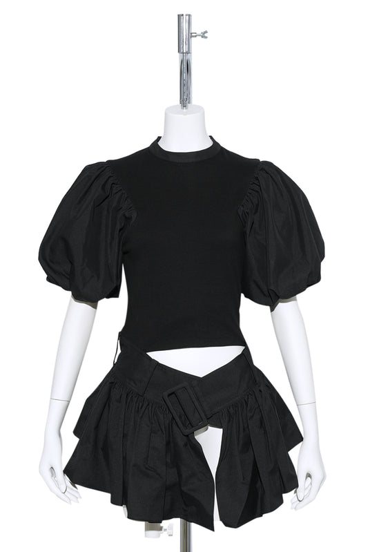 BELTED FLARE PUFF TOP / 4004:BLACK