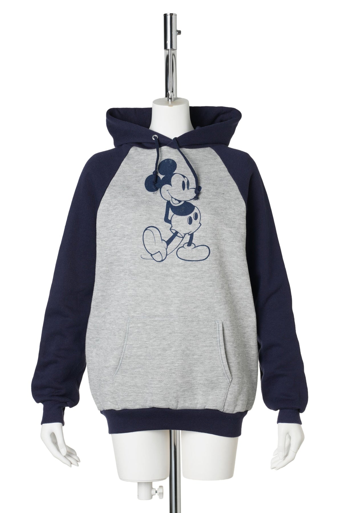80s Mickey Mouse / Standing Mickey Raglan Hoodie / Navy Hood / GREY