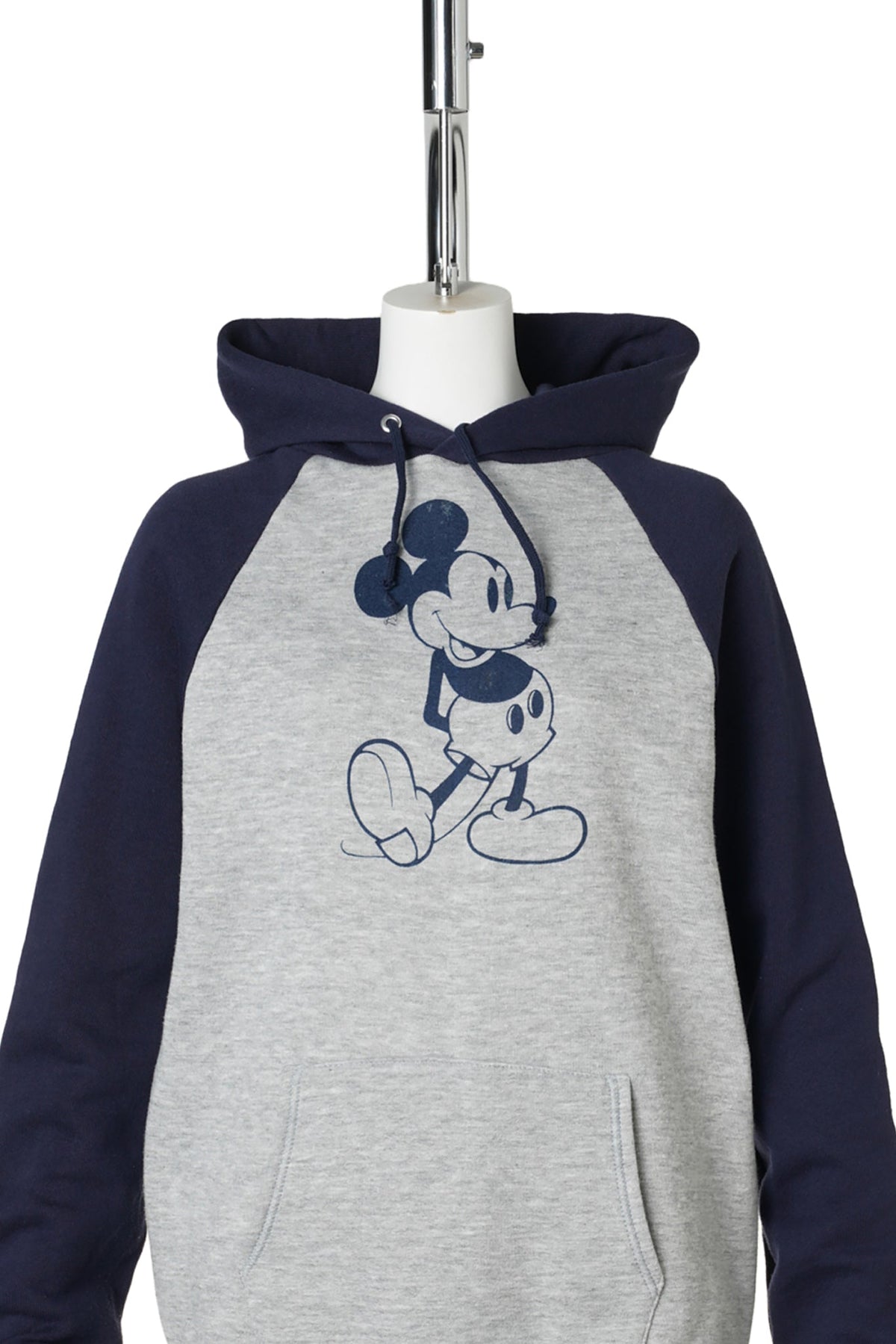 80s Mickey Mouse / Standing Mickey Raglan Hoodie / Navy Hood / GREY