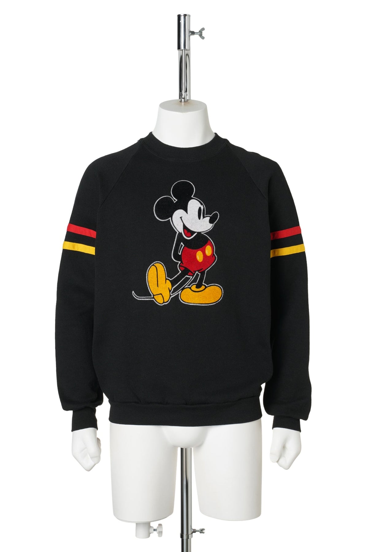 Mickey Mouse / Flock Print Sleeve Stripe Black Raglan Sweatshirt / 1980s–1990s / L / BLACK