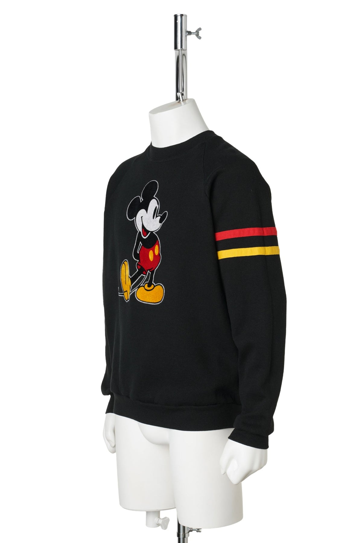 Mickey Mouse / Flock Print Sleeve Stripe Black Raglan Sweatshirt / 1980s–1990s / L / BLACK