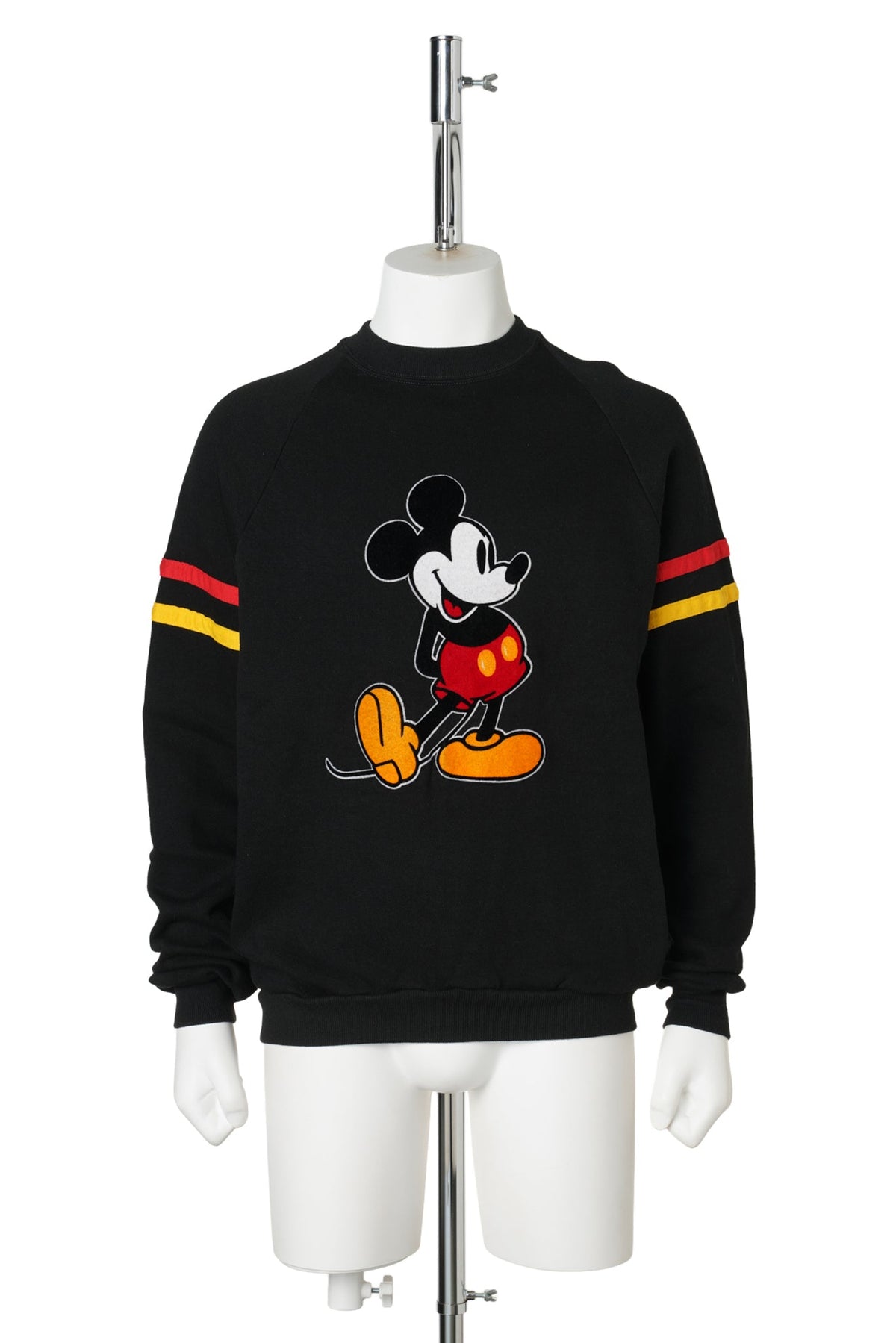 Mickey Mouse / Flock Print Sleeve Stripe Black Raglan Sweatshirt / 1980s–1990s / XL / BLACK