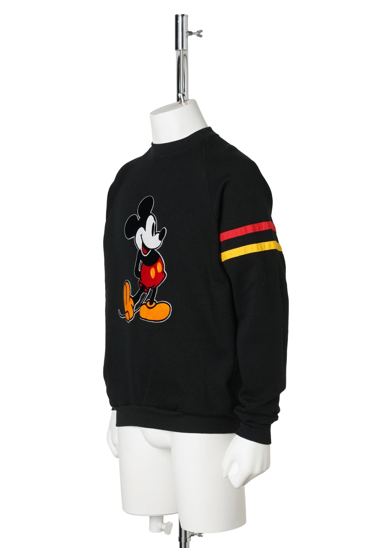 Mickey Mouse / Flock Print Sleeve Stripe Black Raglan Sweatshirt / 1980s–1990s / XL / BLACK