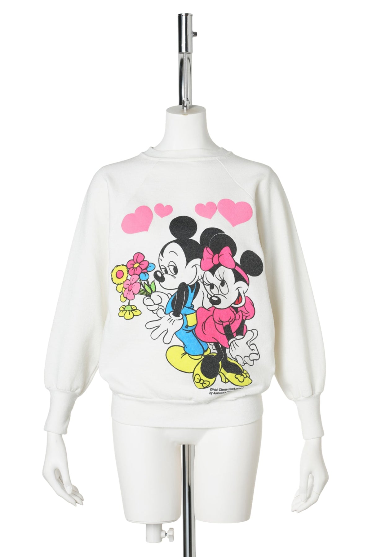80s Mickey & Minnie Mouse / Flower Bouquet & Hearts White Raglan Sweatshirt / WHITE