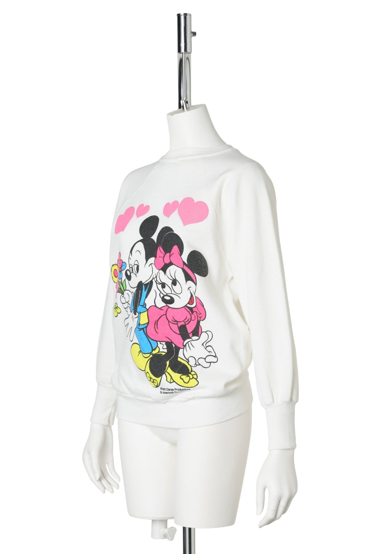 80s Mickey & Minnie Mouse / Flower Bouquet & Hearts White Raglan Sweatshirt / WHITE