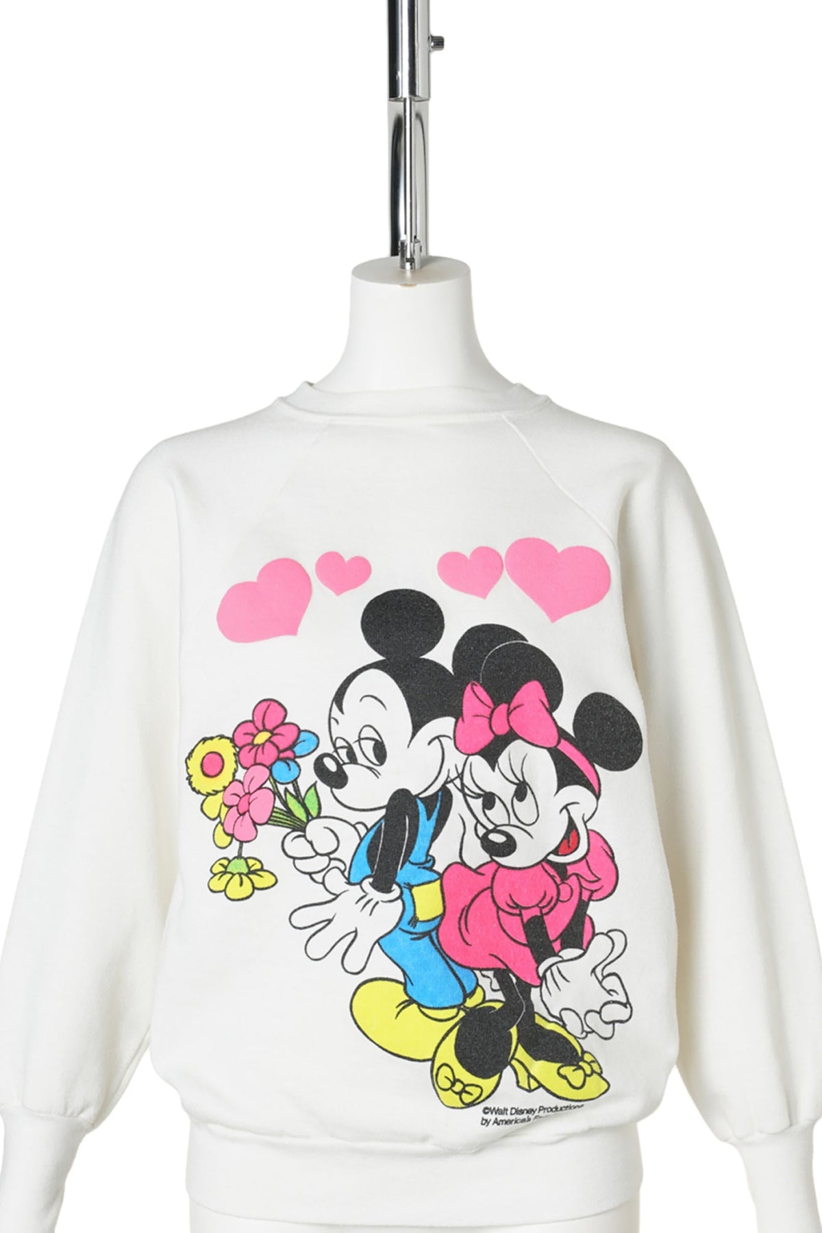 80s Mickey & Minnie Mouse / Flower Bouquet & Hearts White Raglan Sweatshirt / WHITE