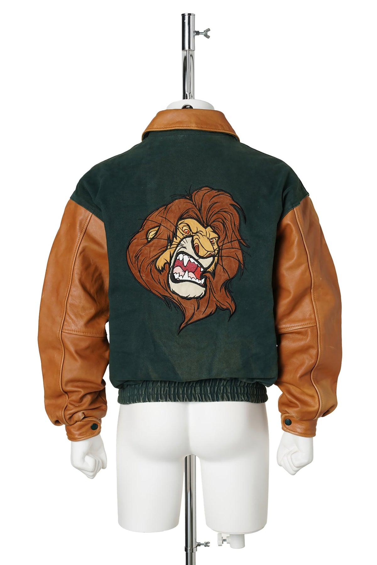 90s The Lion King / Leather Sleeve Varsity Jacket / GREEN