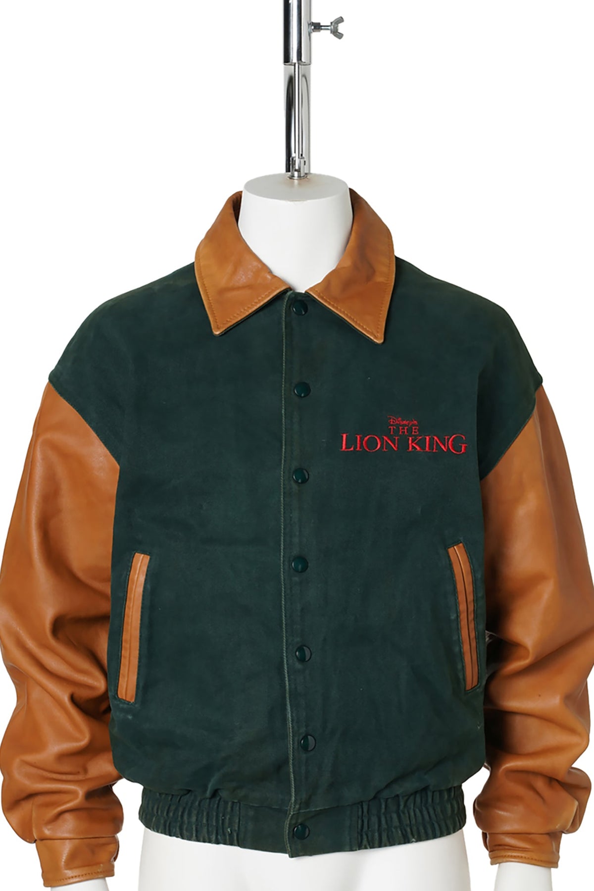 90s The Lion King / Leather Sleeve Varsity Jacket / GREEN