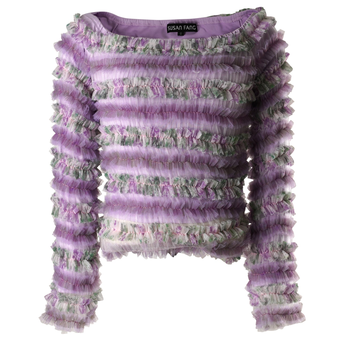 SHIRRED TULLE LONG SLEEVE TOP / PURPLE