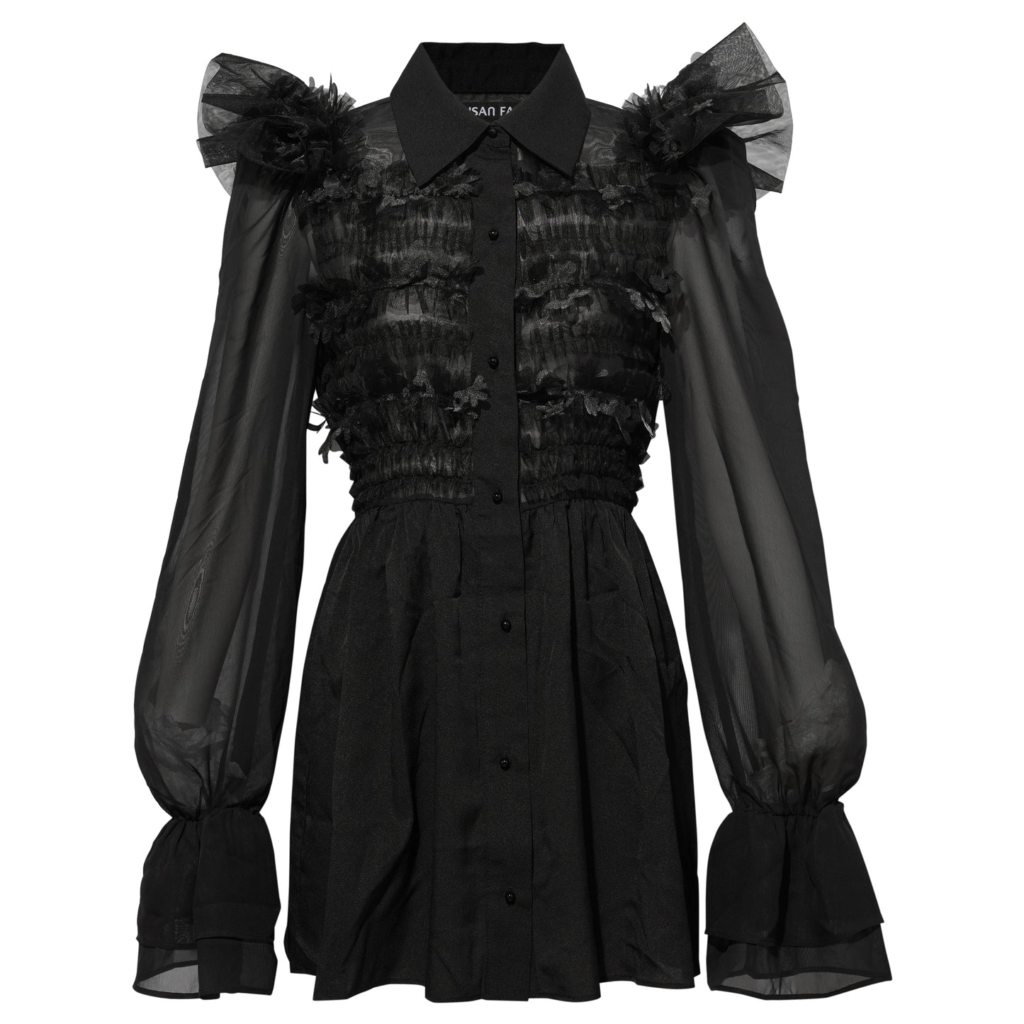 SMOCKED RUFFLE MINI DRESS / BLACK