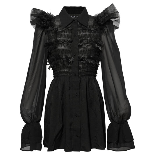 SMOCKED RUFFLE MINI DRESS / BLACK