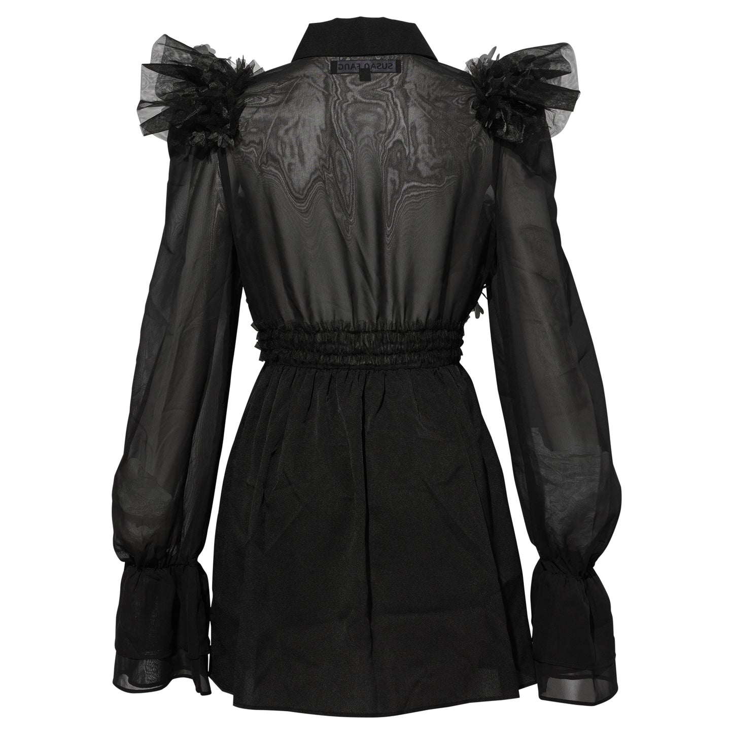 SMOCKED RUFFLE MINI DRESS / BLACK