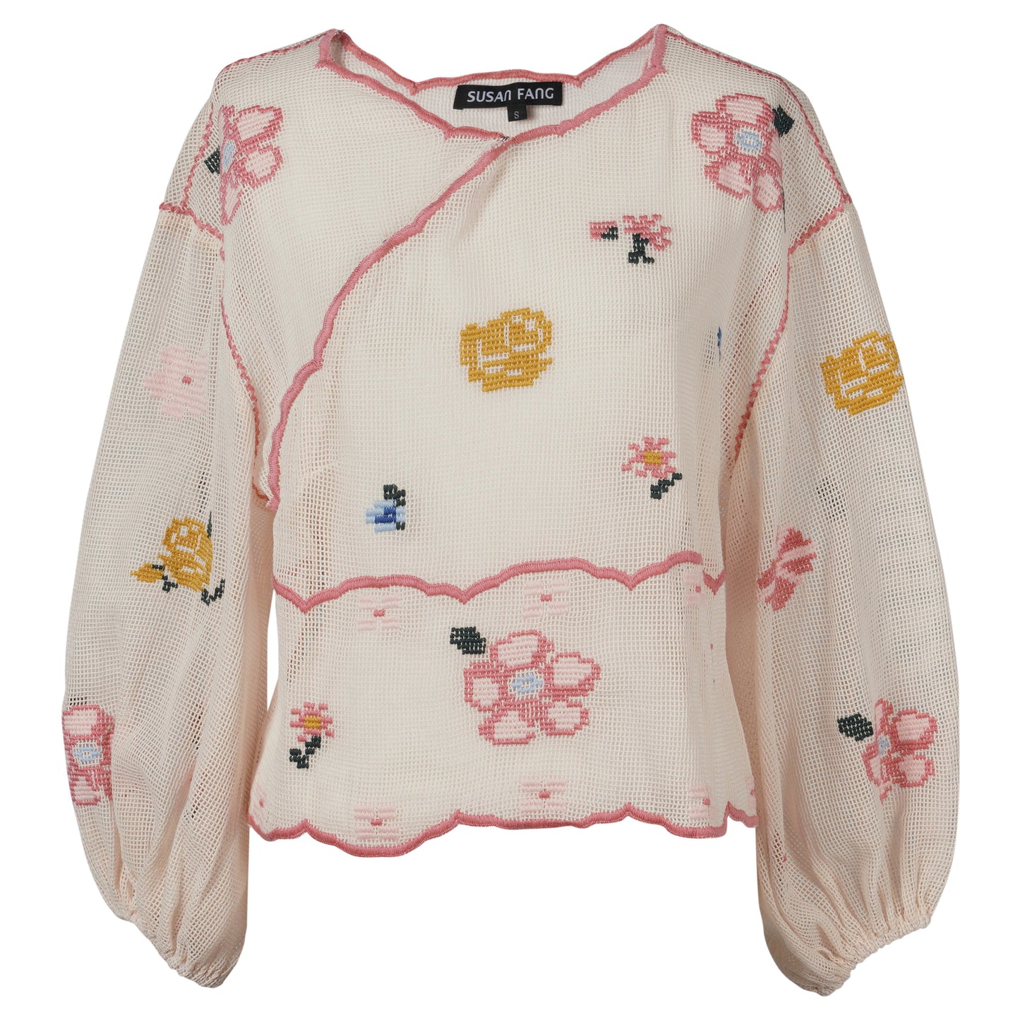 GRID EMBROIDEREDFLOWER BLOUSE / BEIGE/PINK