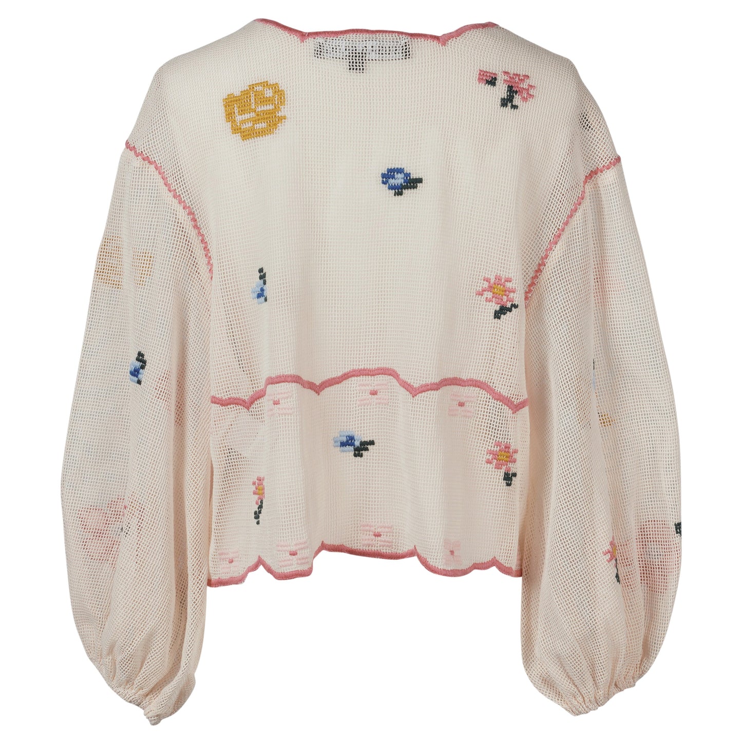 GRID EMBROIDEREDFLOWER BLOUSE / BEIGE/PINK