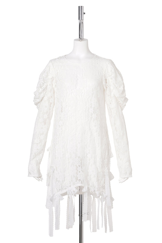 RIBBON BOW FLOWER LACE DRESS / WHITE