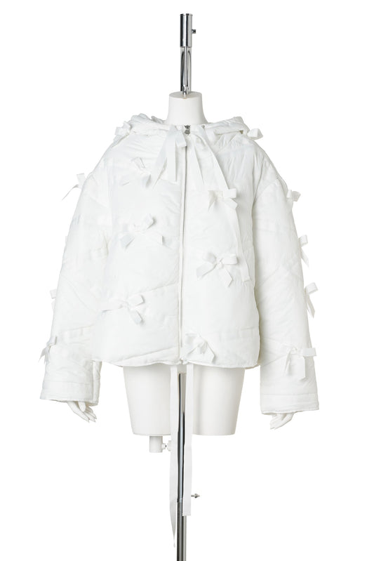 BOW HOODED PADDED JACKET / WHITE