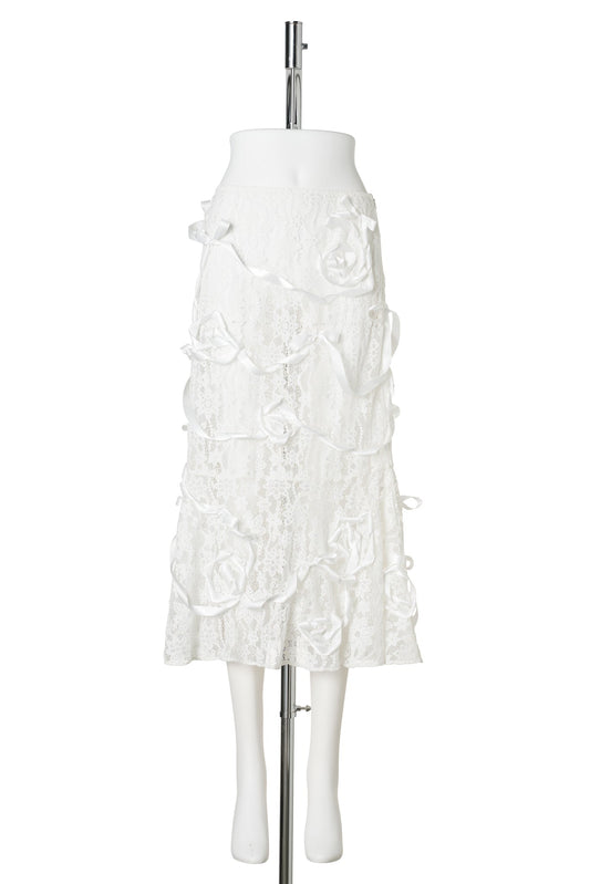 RIBBON ROSE EMBROIDERED LACE SKIRT / WHITE