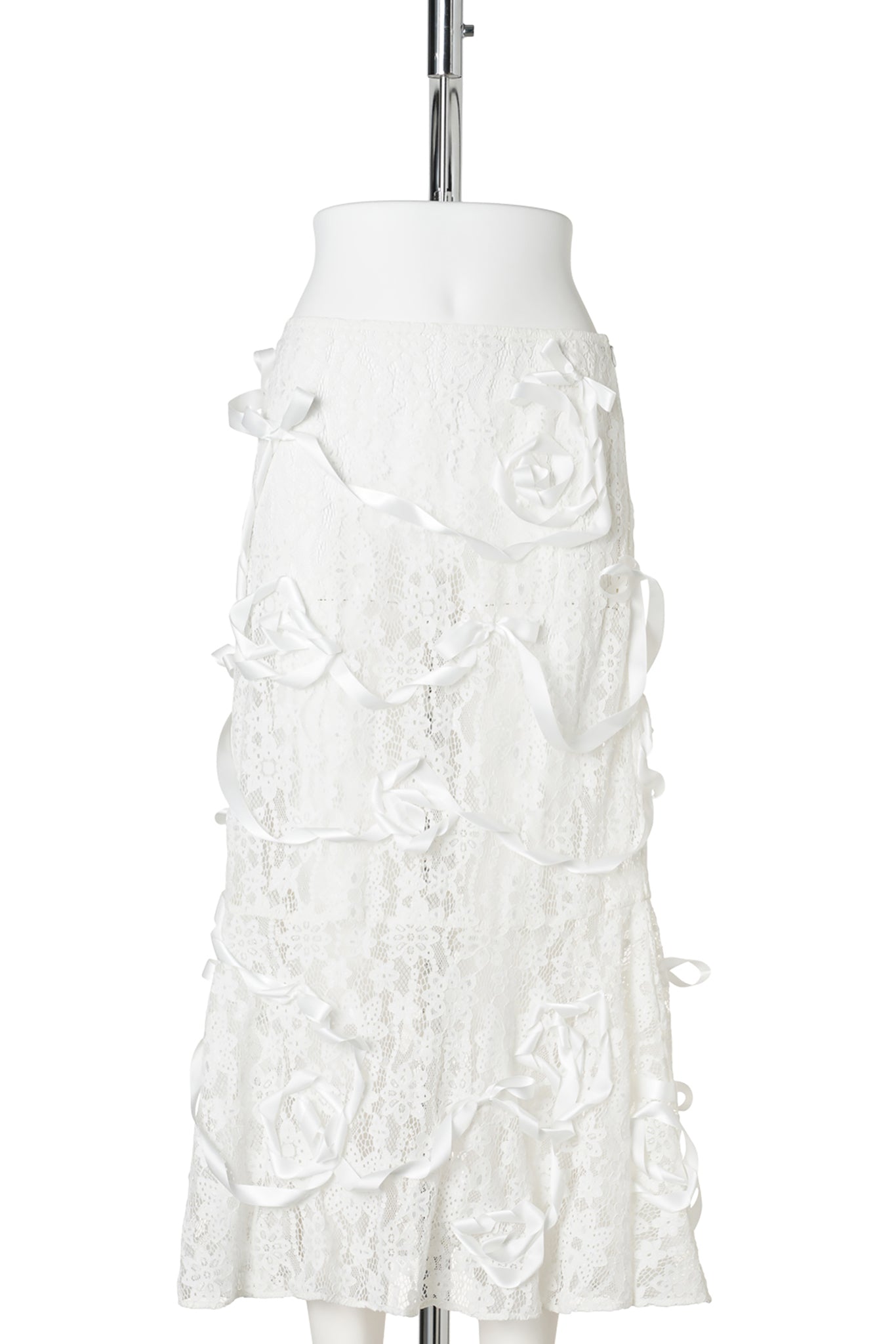 RIBBON ROSE EMBROIDERED LACE SKIRT / WHITE