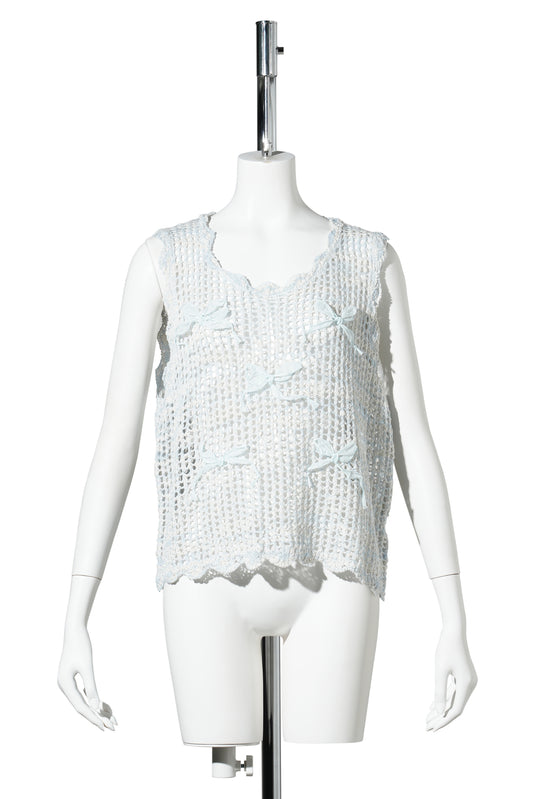CROCHET BOW NET KNIT TOP / BLUE