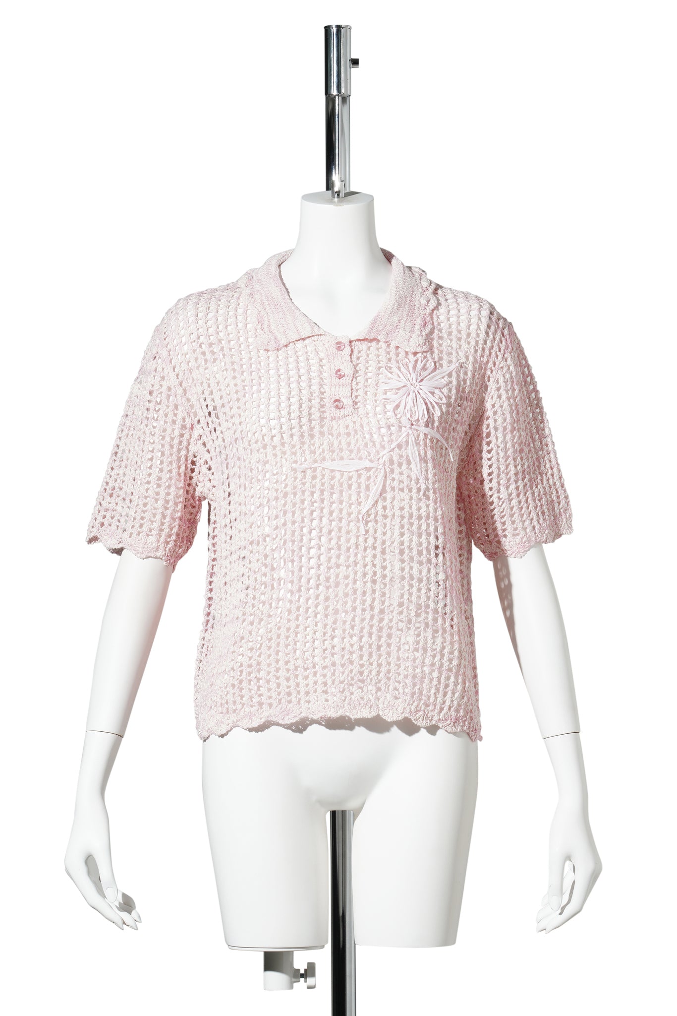CROCHET FLORAL NET KNIT POLO TEE / PINK