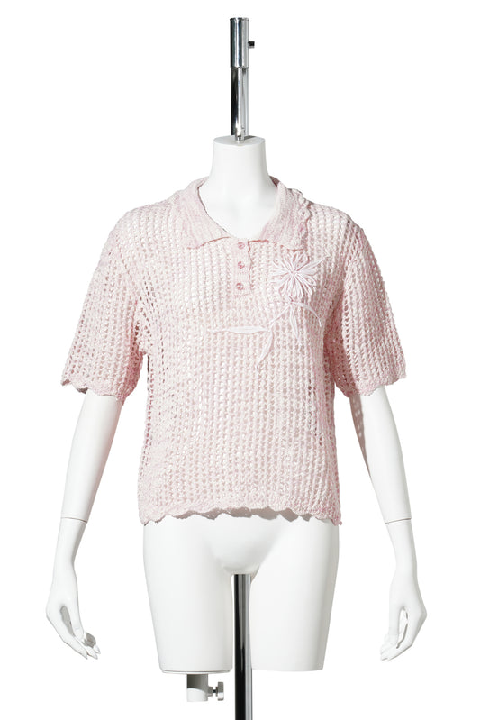 CROCHET FLORAL NET KNIT POLO TEE / PINK
