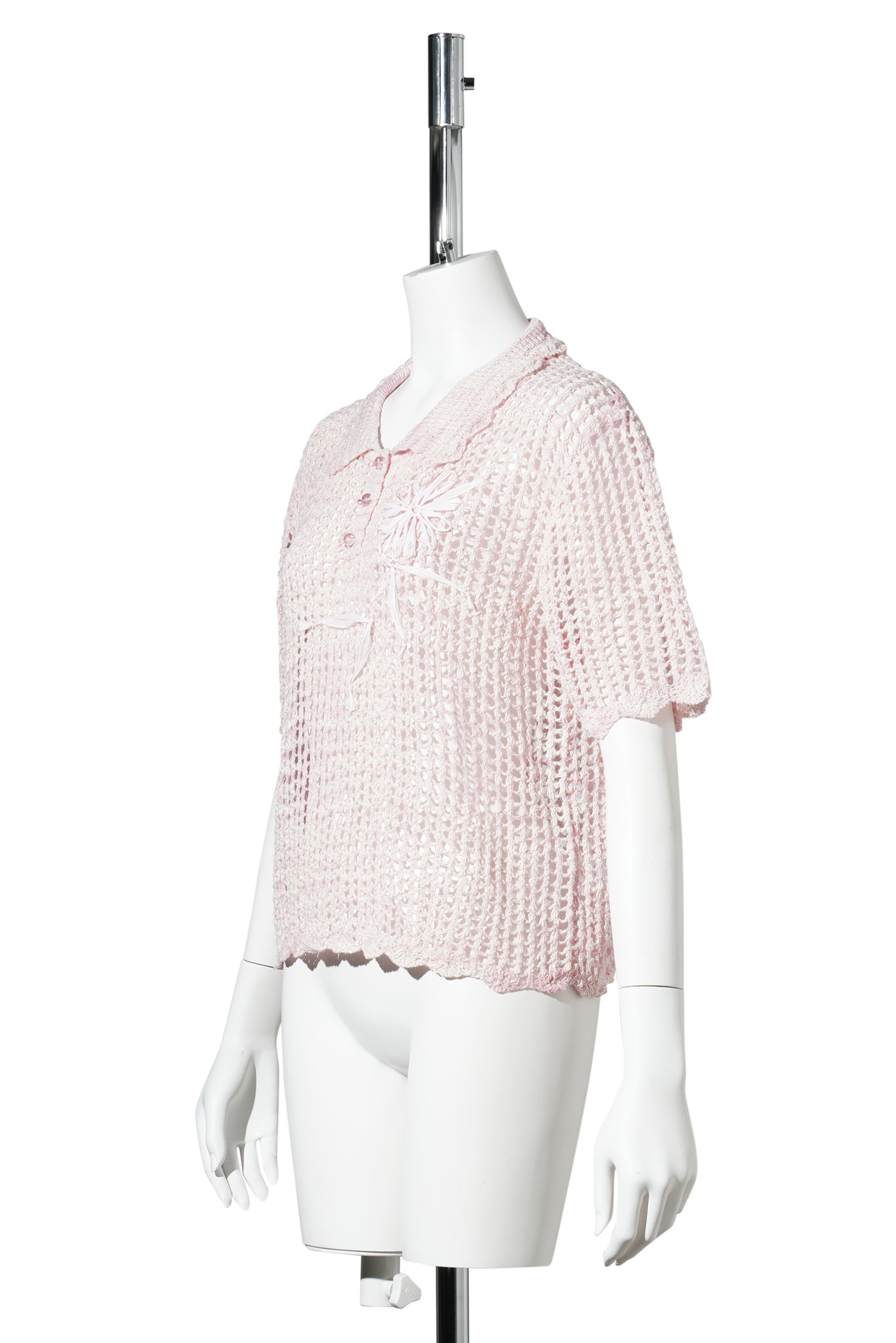 CROCHET FLORAL NET KNIT POLO TEE / PINK
