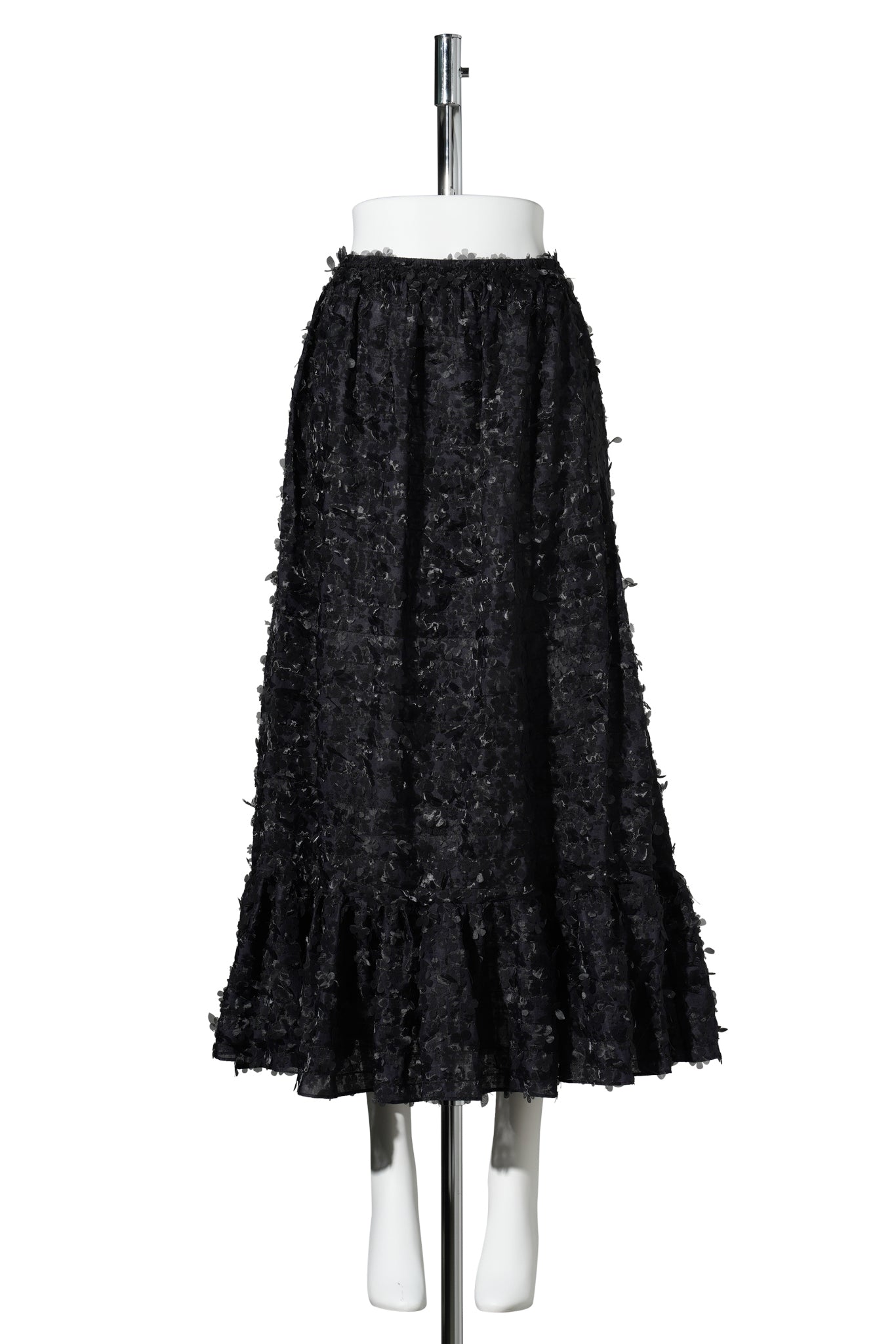LASER-CUT FLOWER MIDI RUFFLE SKIRT / BLACK