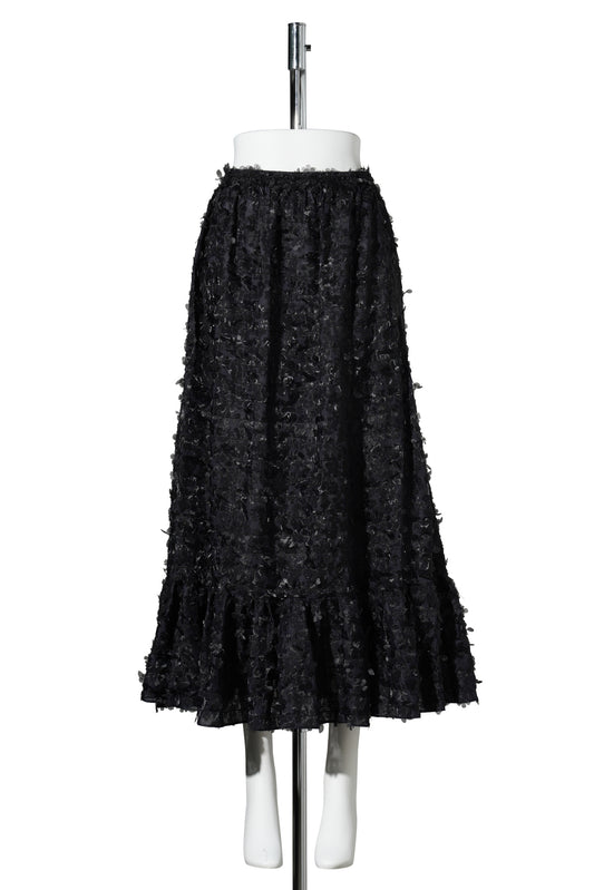 LASER-CUT FLOWER MIDI RUFFLE SKIRT / BLACK