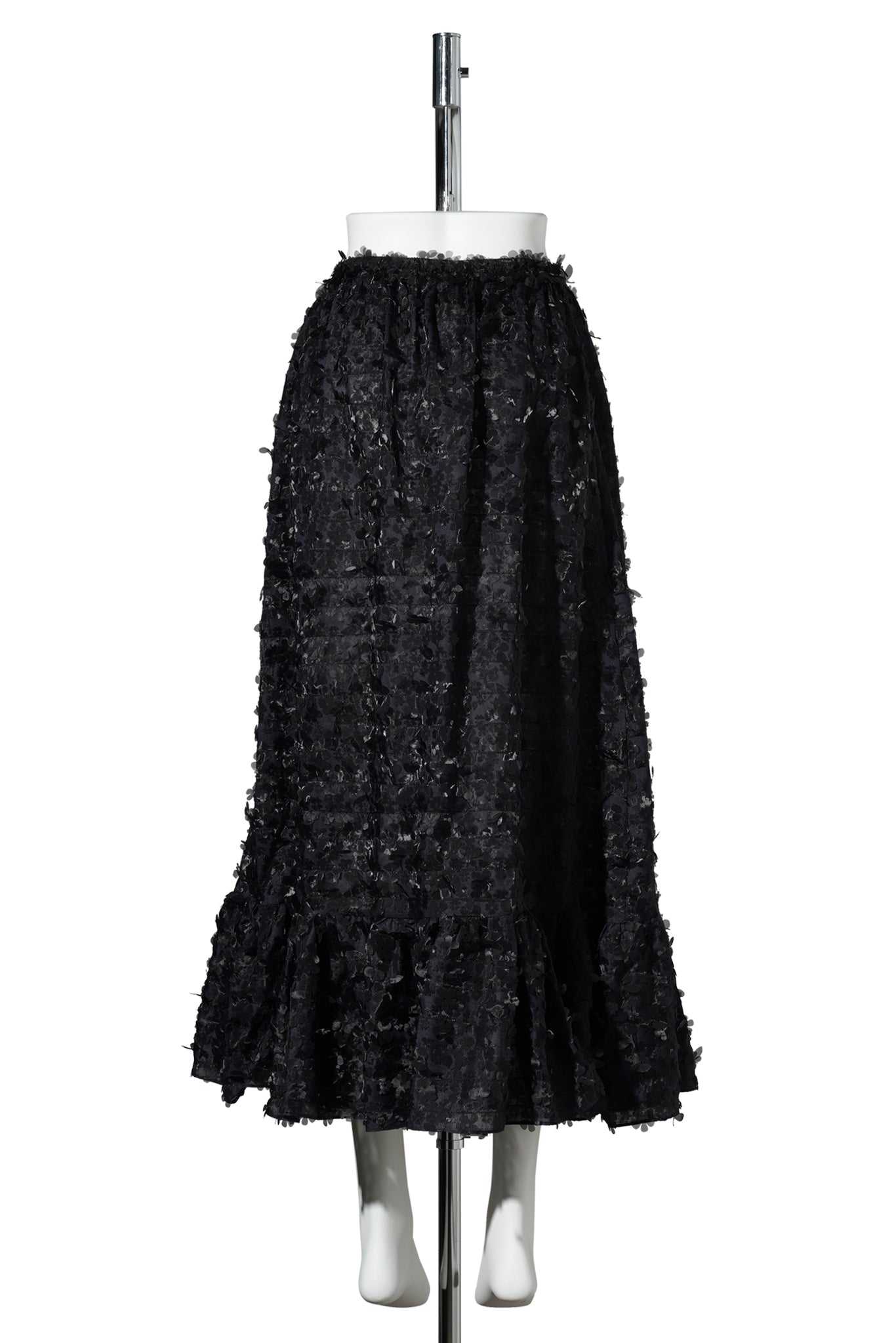 LASER-CUT FLOWER MIDI RUFFLE SKIRT / BLACK