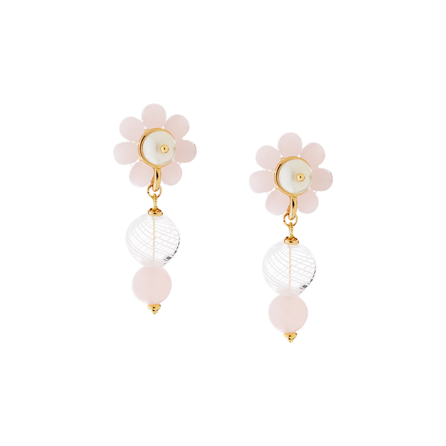 FLOWER DROP HOLLOW GLASS EARRINGS / GOLD/WHITE/PEARL