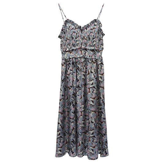 V-NECK DRESS WITH SMOCKED BODICE AND FRILL DETAIL / GREY/MULTI FLORAL