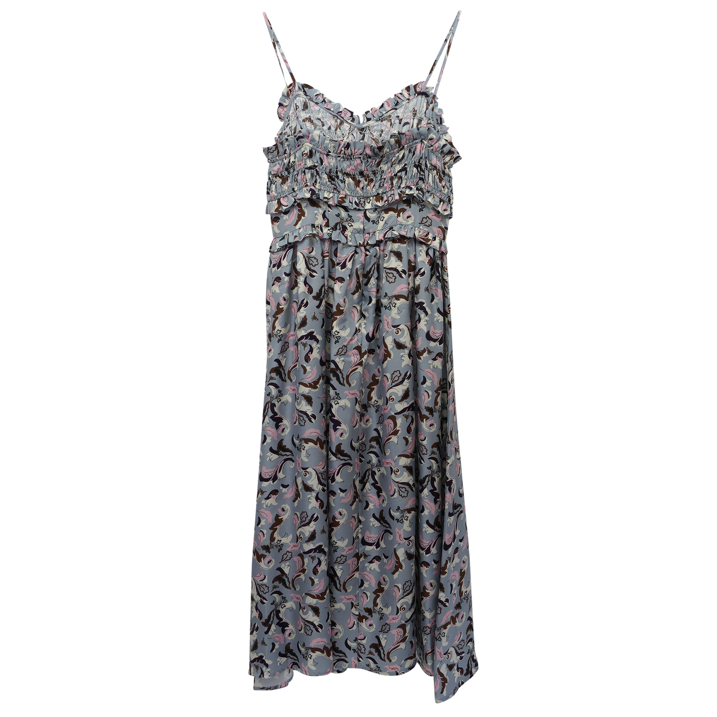 V-NECK DRESS WITH SMOCKED BODICE AND FRILL DETAIL / GREY/MULTI FLORAL