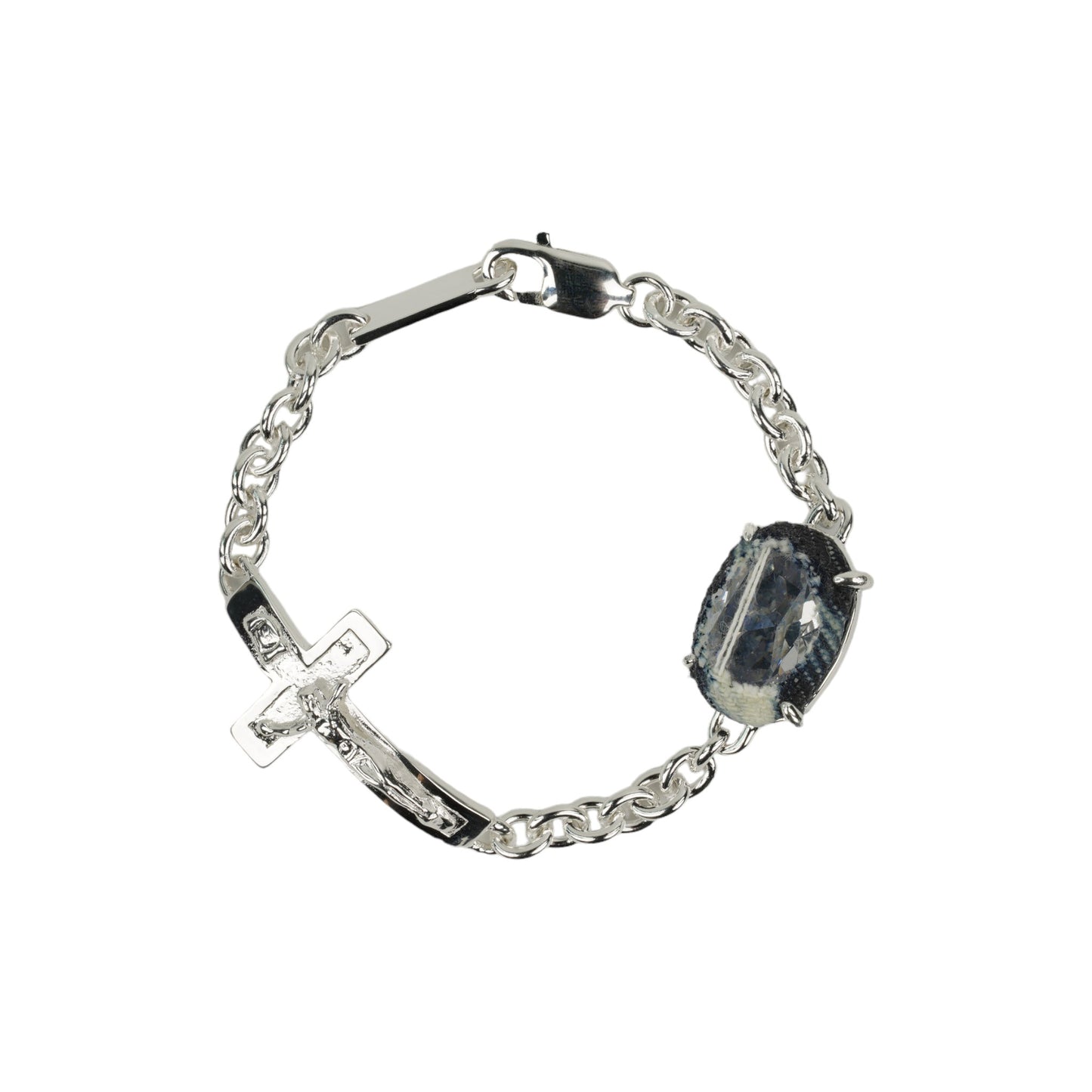 SILVER CRUCIFIX OVAL ZONG HEAVY BRACELET / CLEAR