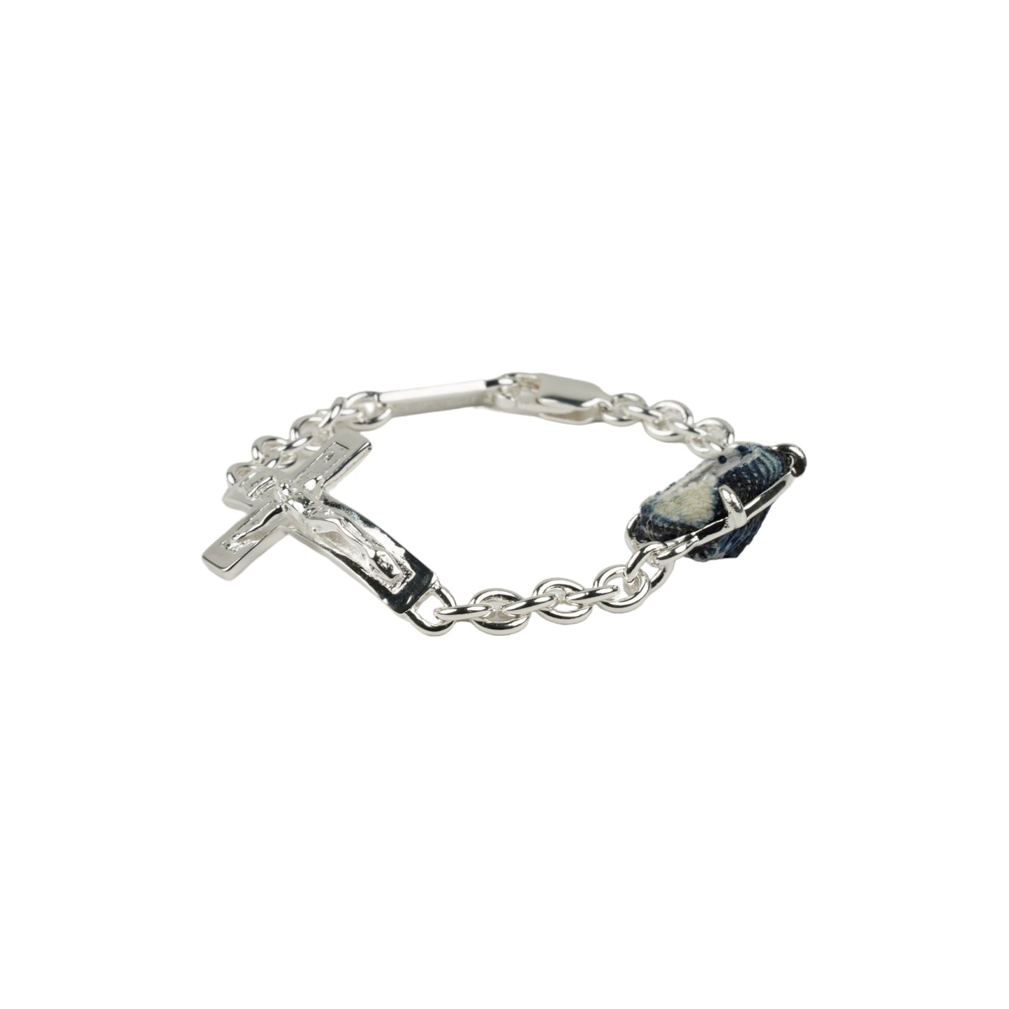 SILVER CRUCIFIX OVAL ZONG HEAVY BRACELET / CLEAR