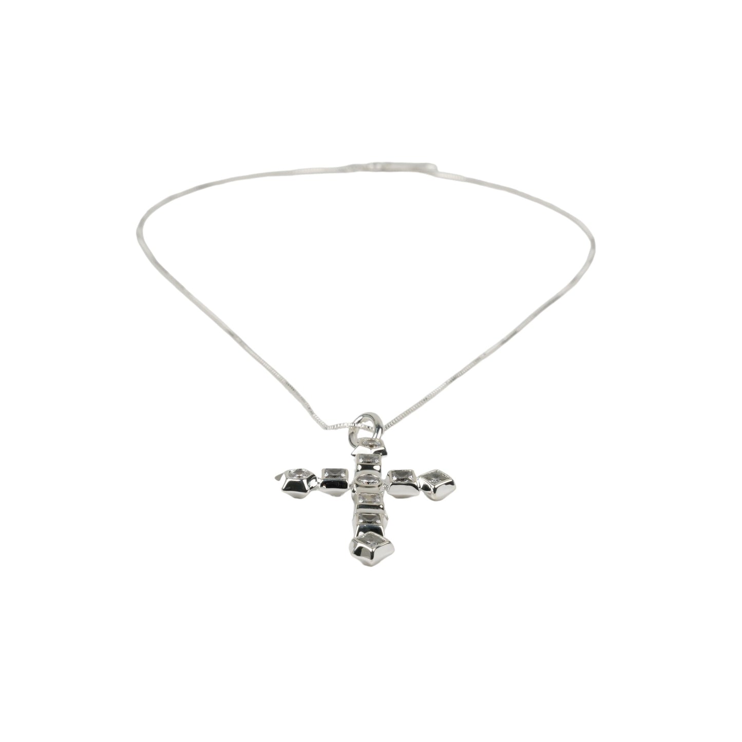 SILVER GEM-MOSAIC CROSS NECKLACE / CLEAR