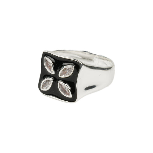 SILVER BLACK ENAMEL 4-EYE SIGNET RING / CLEAR