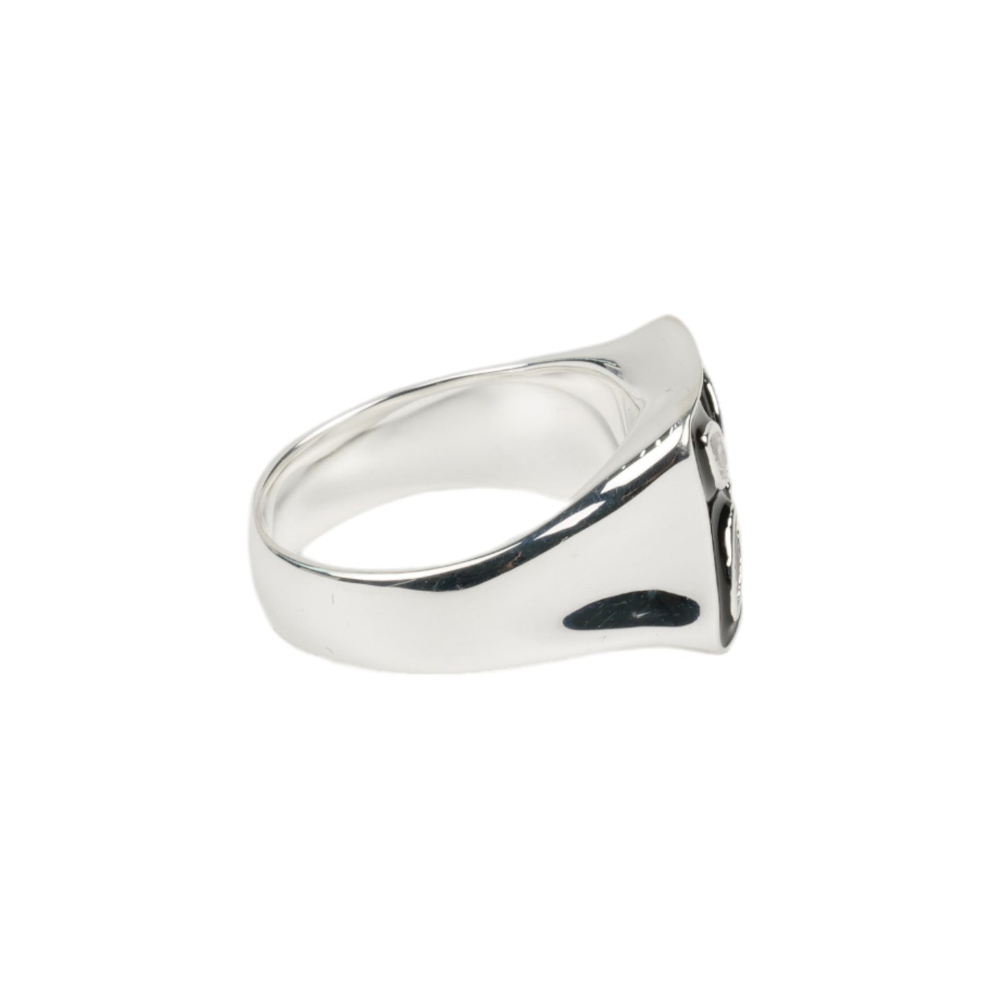 SILVER BLACK ENAMEL 4-EYE SIGNET RING / CLEAR