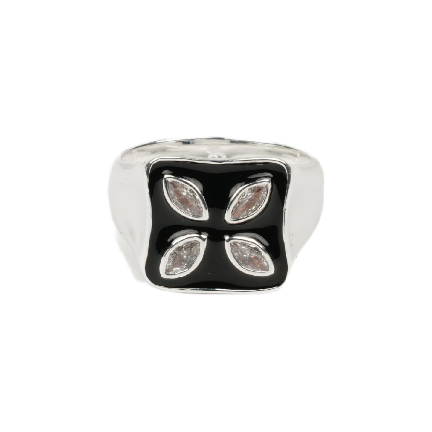 SILVER BLACK ENAMEL 4-EYE SIGNET RING / CLEAR