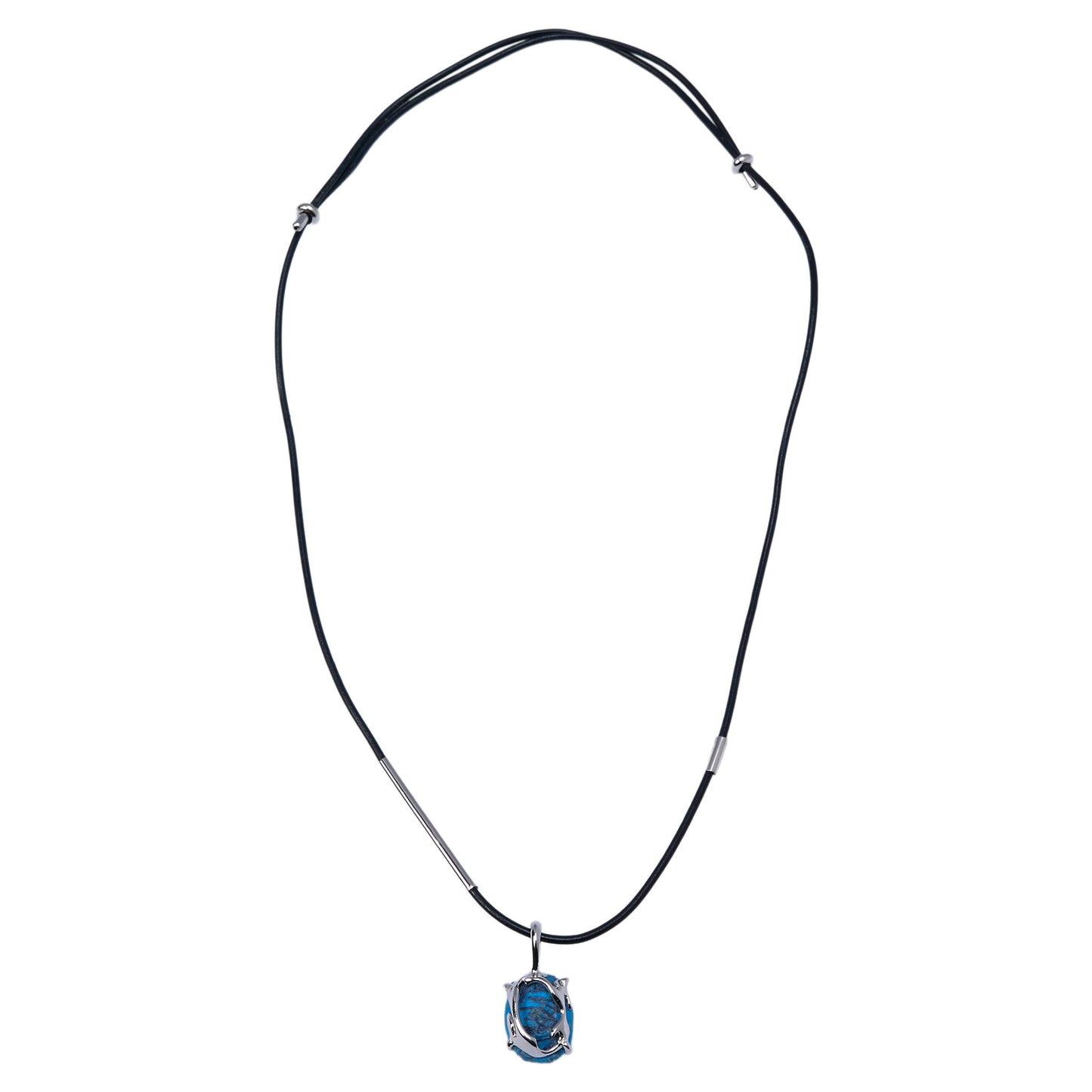 OVAL ZONG ADJUSTABLE CORD NECKLACE / SILVER BLUE CO TTON/SKY BLUE BLACK LEATHER