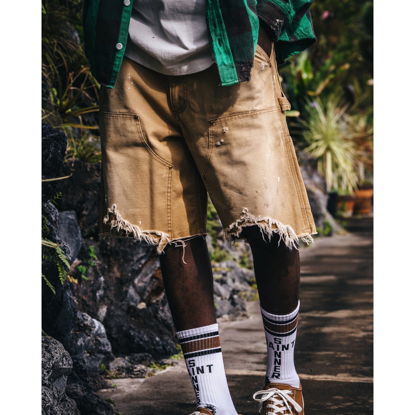 Hand Distressed HBT Double Knee Shorts