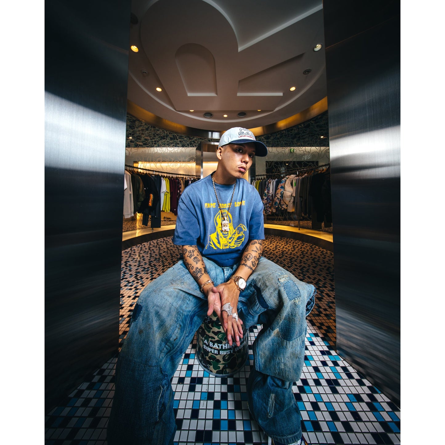 SAINT Mxxxxxx x A BATHING APE® BAPE_SS T-SHIRT/FADE AWAY LV / NAVY