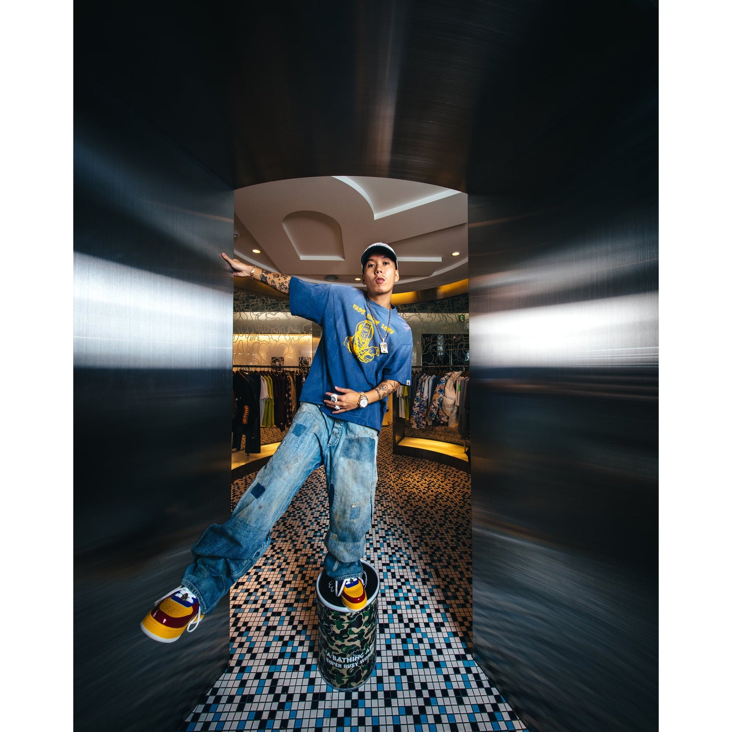 SAINT Mxxxxxx x A BATHING APE® BAPE_SS T-SHIRT/FADE AWAY LV / NAVY