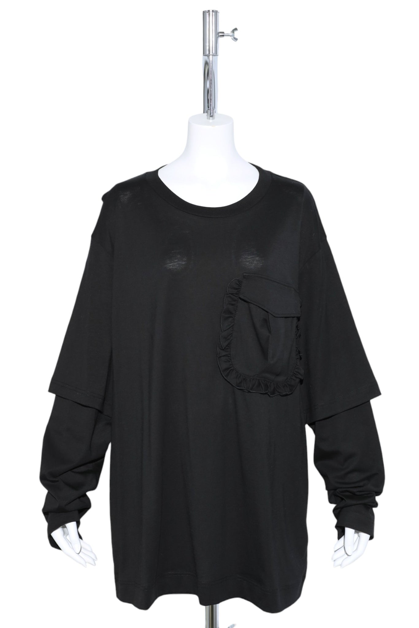 RUFFLE POCKET LONG SLEEVE LAYERED T-SHIRT / BLACK