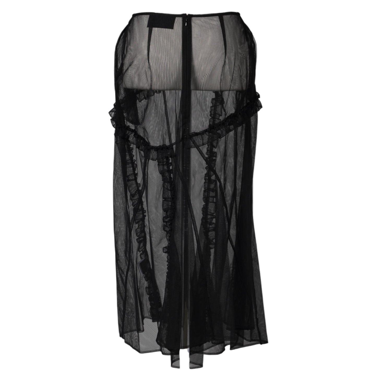 SHEER RUFFLE FRILL MULTI SEAM MIDI SKIRT / 150:BLACK