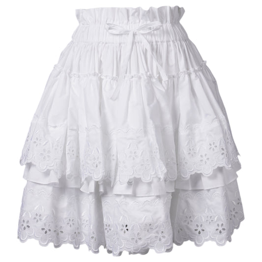 ELASTICATED FRILLY TIERED MINI SKIRT W/TRIM / 100:WHITE