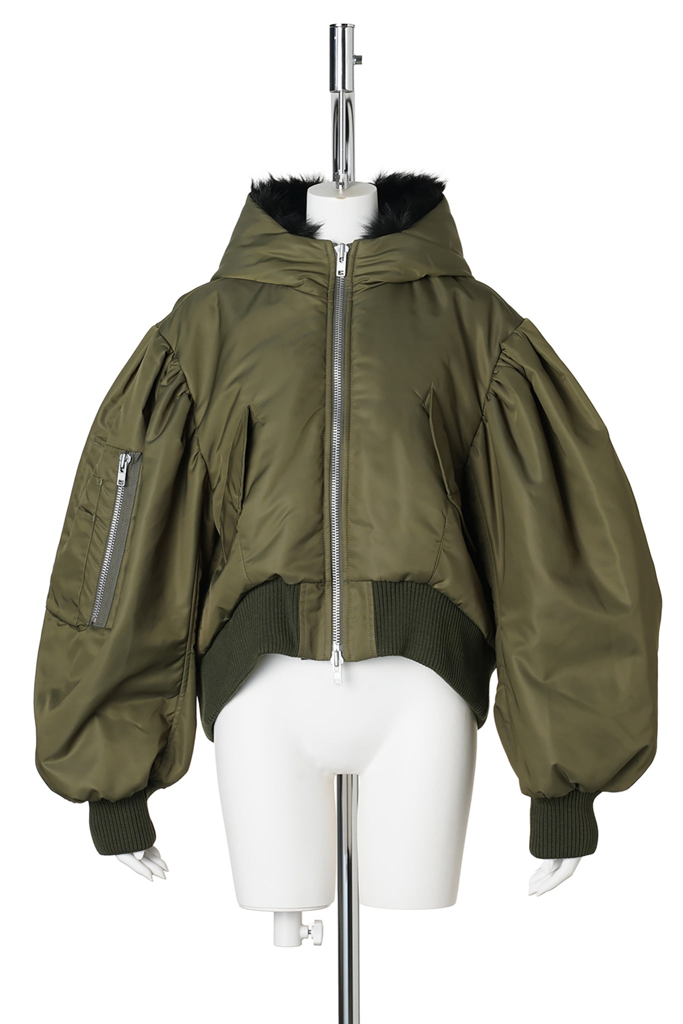 CROPPED SPUT FAUX FUR HOOD BOMBER JACKET / 431:KHAKI/BLACK