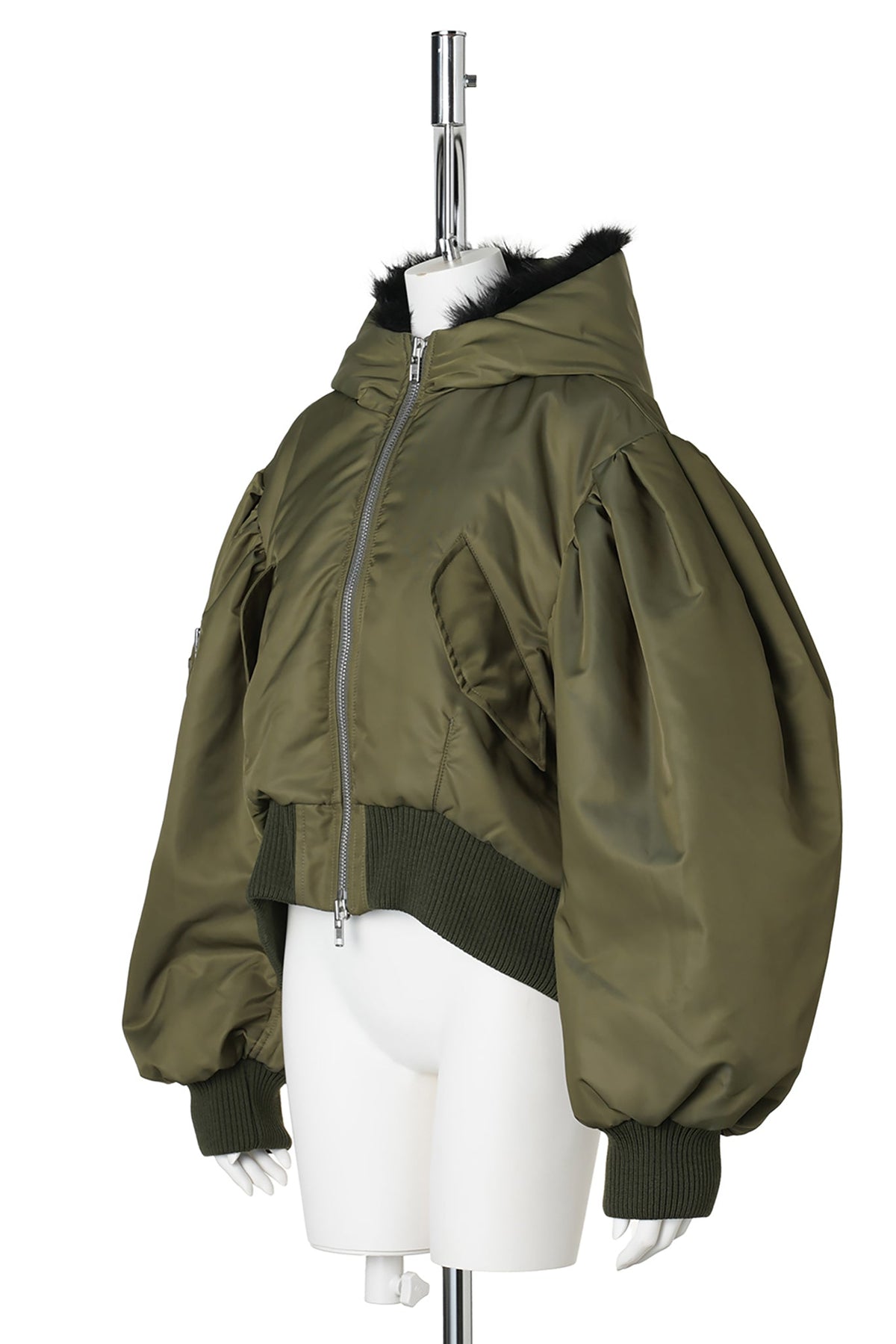 CROPPED SPUT FAUX FUR HOOD BOMBER JACKET / 431:KHAKI/BLACK