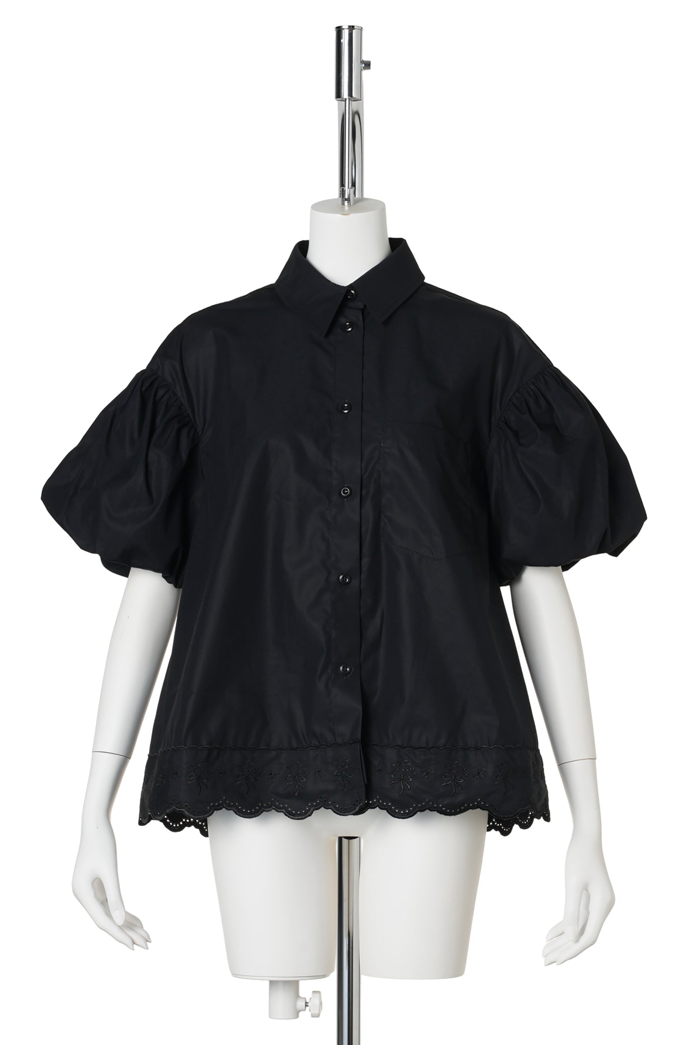 CROPPED PUFF SLEEVE LACE TRIM SHIRT / BLACK