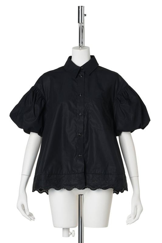 CROPPED PUFF SLEEVE LACE TRIM SHIRT / BLACK