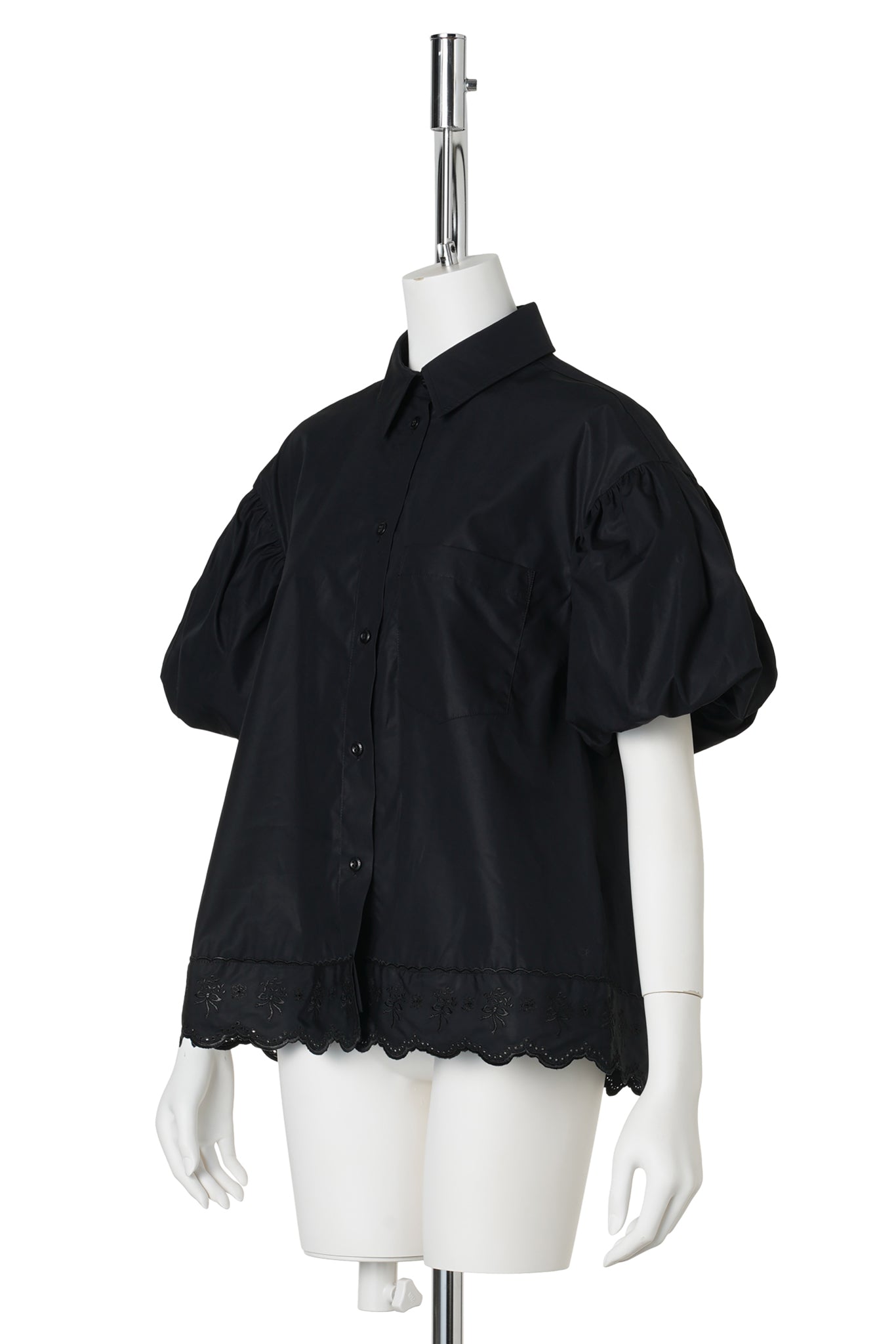 CROPPED PUFF SLEEVE LACE TRIM SHIRT / BLACK